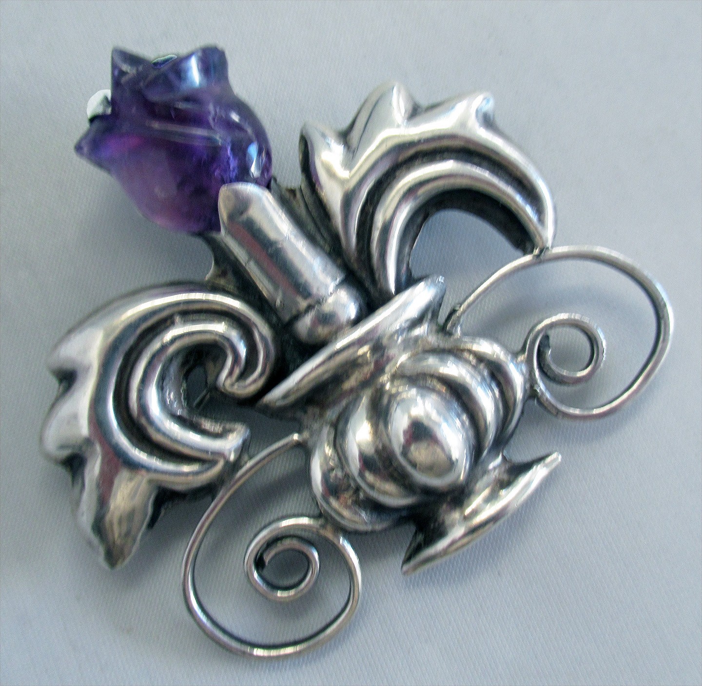 SPRATLING ERA STERLING BROOCH w AMETHYST FLOWER, 2 3/8 INCHES