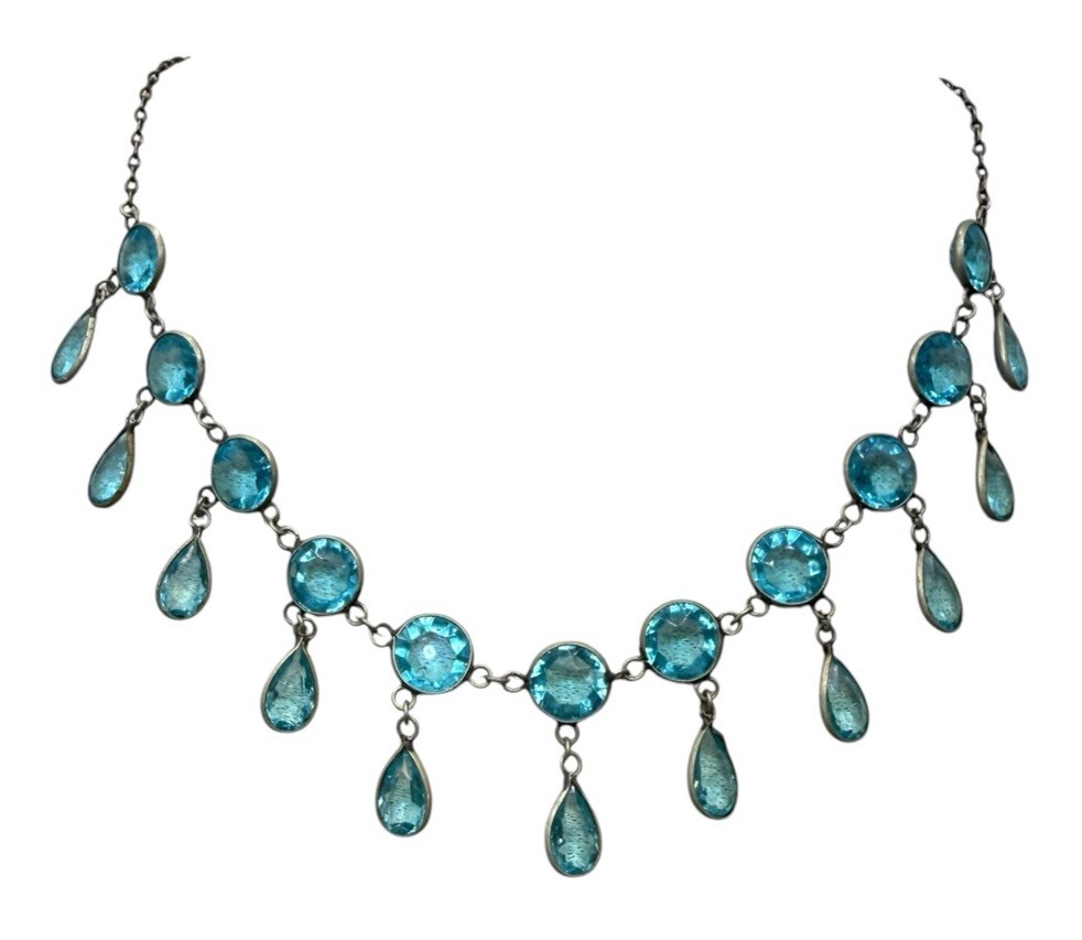 Antique Edwardian Deco Czech Festoon Drapes Faux Aquamarine Glass Necklace