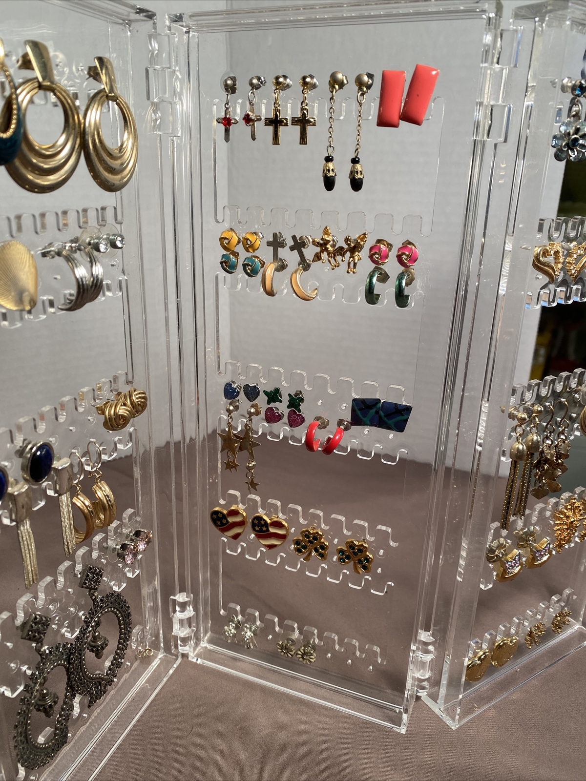 Vintage Lot 60 Pairs Earrings, 15 Necklaces & Acrylic Displays Monet, Avon