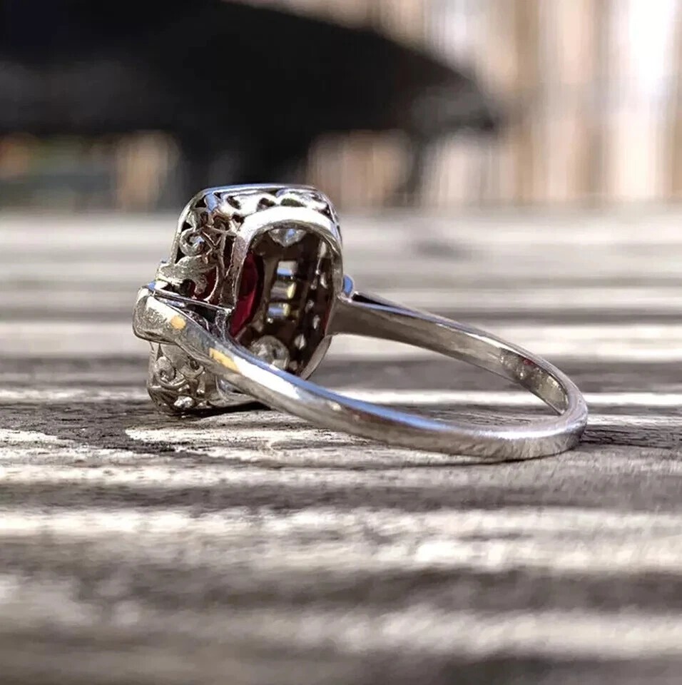 Art Deco Vintage Ruby & Lab Created Diamond Engagement 14K White Gold FN Ring