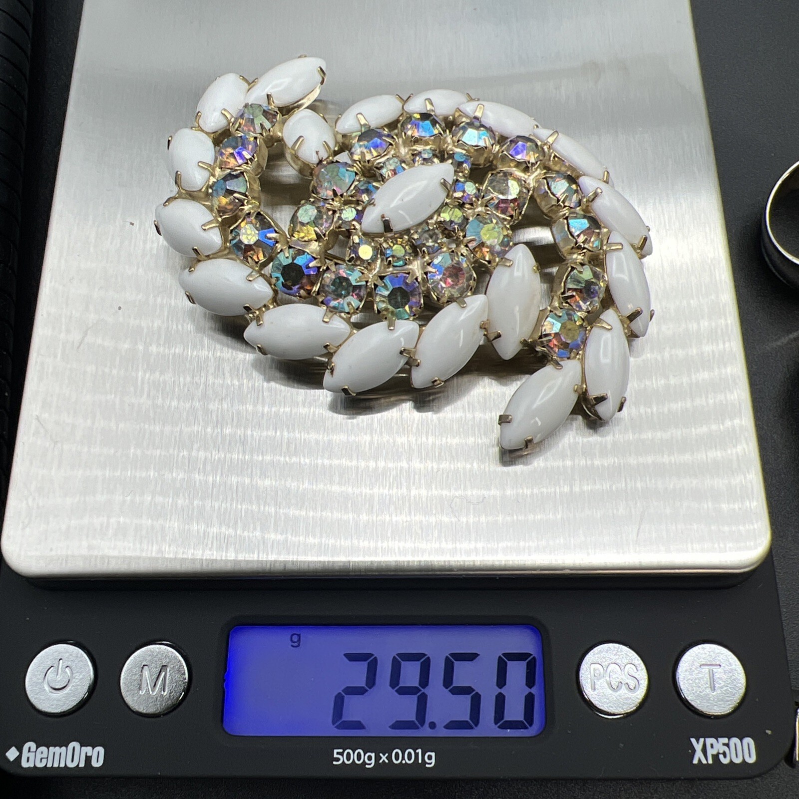 Vintage Aurora Borealis Rhinestone Milk Glass Large Swirl 3″ Brooch Pin