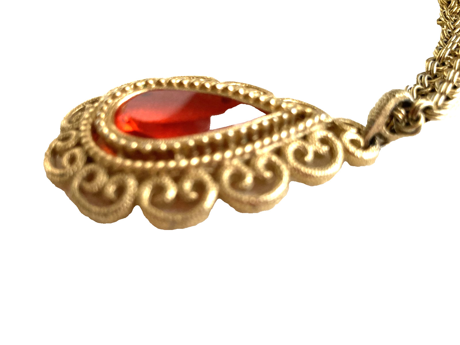 Vintage Granada AVON Teardrop Necklace-Lg Red/Orange Stone-Gold Tone Dubl Chain