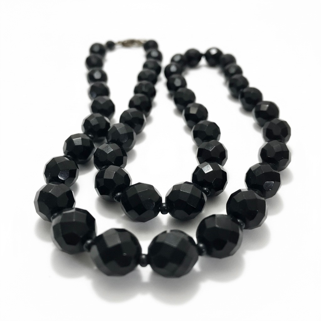 Vintage Black Faceted Glass French Jet Bead Mourning Necklace 25″ 64g