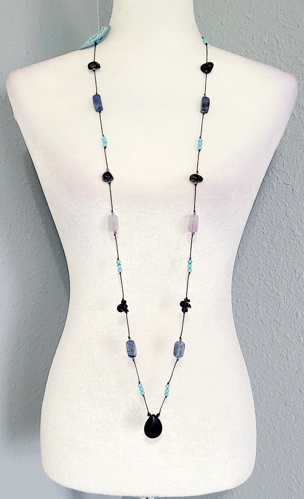 Vintage Long Necklace Blue Glass Beads Stones Different Shapes & Hues Necklace