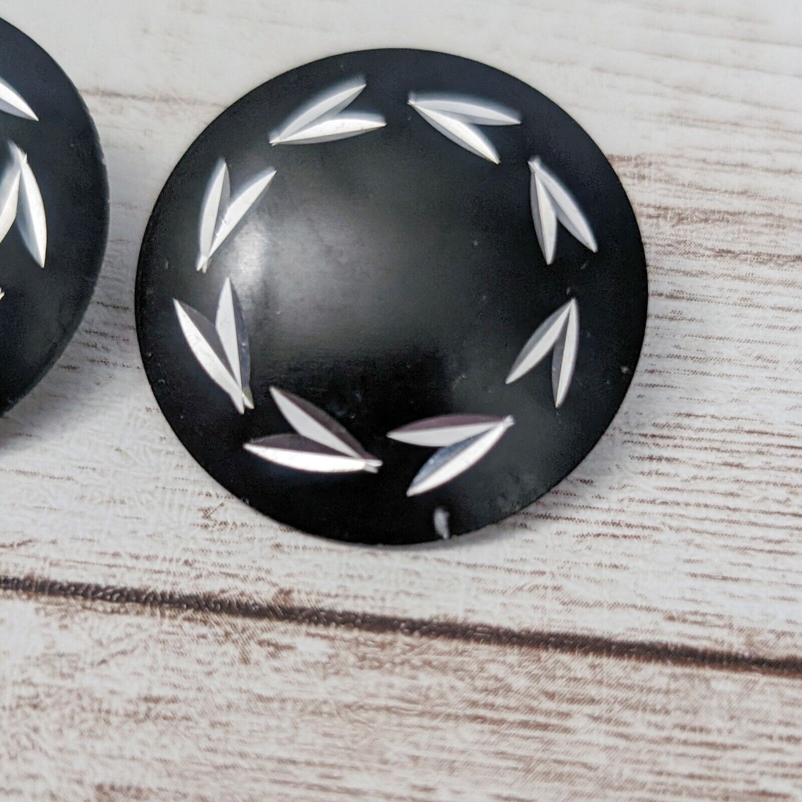 Vintage Clip On Earrings – Black with Silver Tone Design 1 & 1/8″