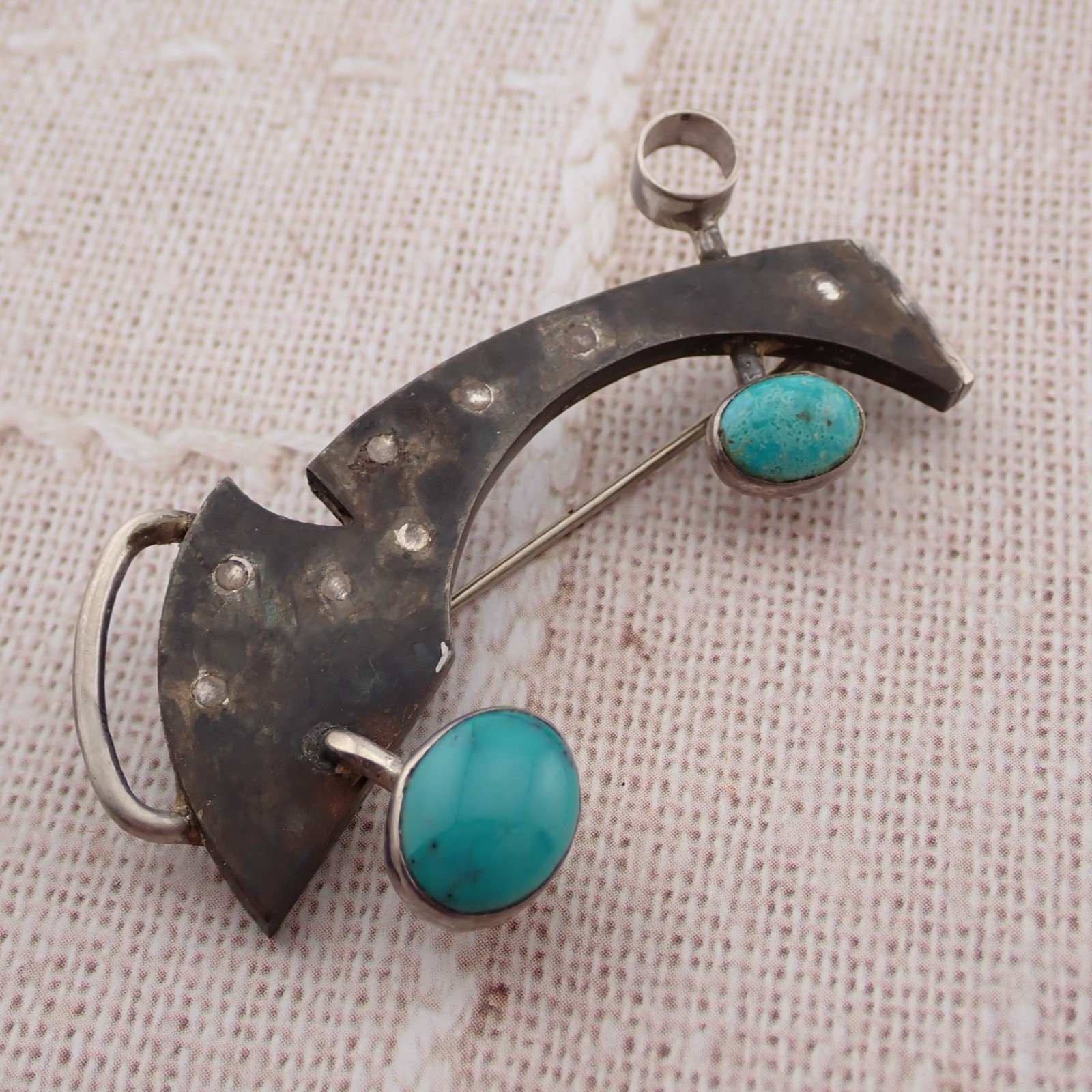 VTG Industrial Grunge Abstract Turquoise Sterling Mixed Metal Pin Pendant by MR