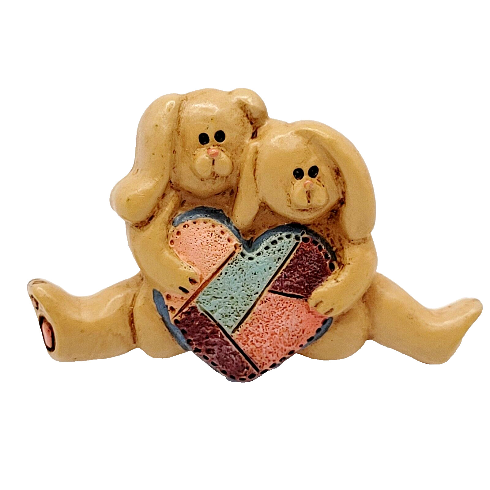 Two Bunny Rabbit Holding Quilted Quilt Heart Love Vintage Lapel Pin Small Brooch