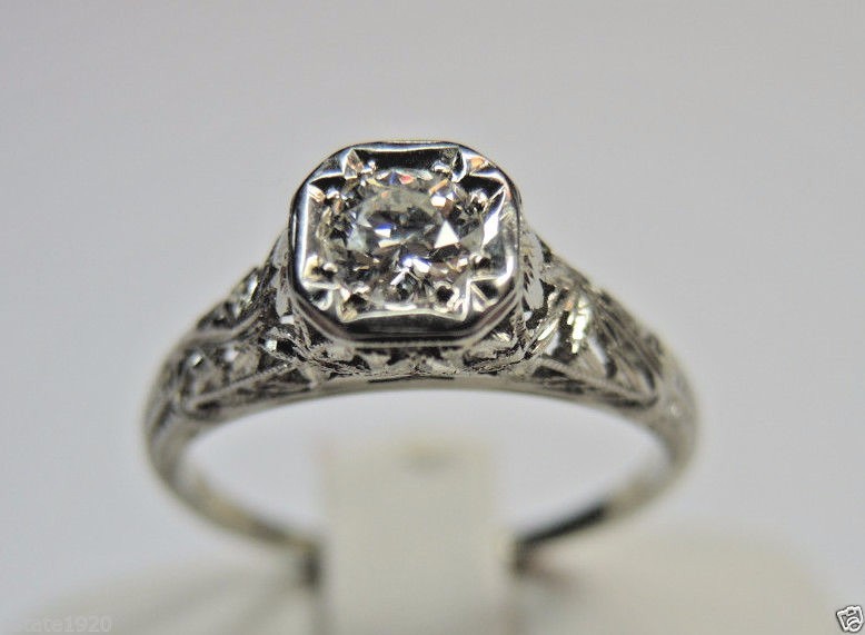 Antique Art Deco Diamond Engagement 17K White Gold Ring Size EGL USA