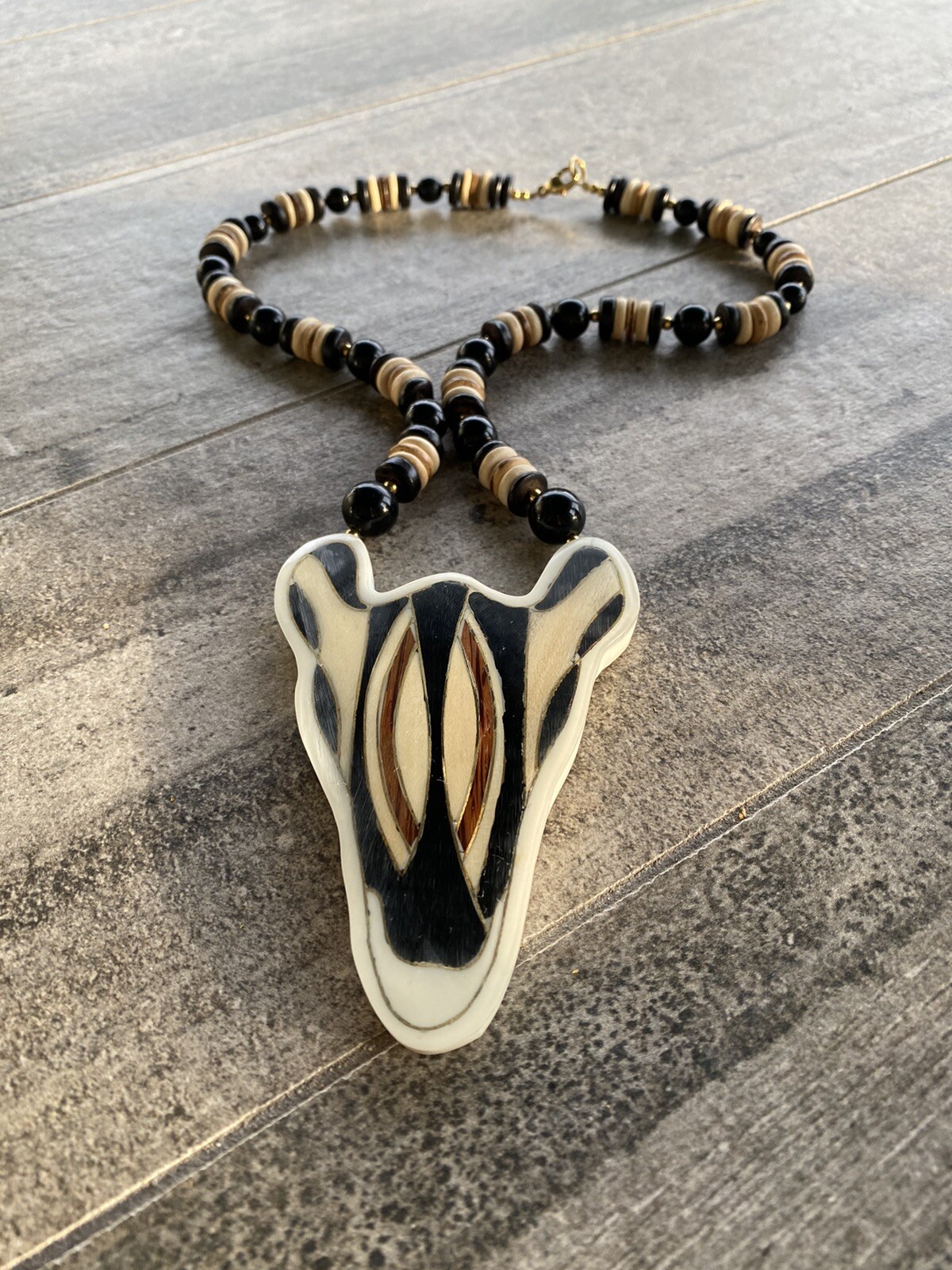 Lee Sands Necklace Zebra Wood Inlaid Beaded Africa Safari VTG Animal Estate