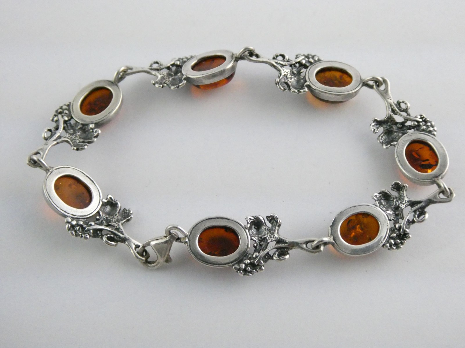 Vintage Sterling Silver Amber Cabochon Grape Vine Link Bracelet 925 7.25In 10.6g