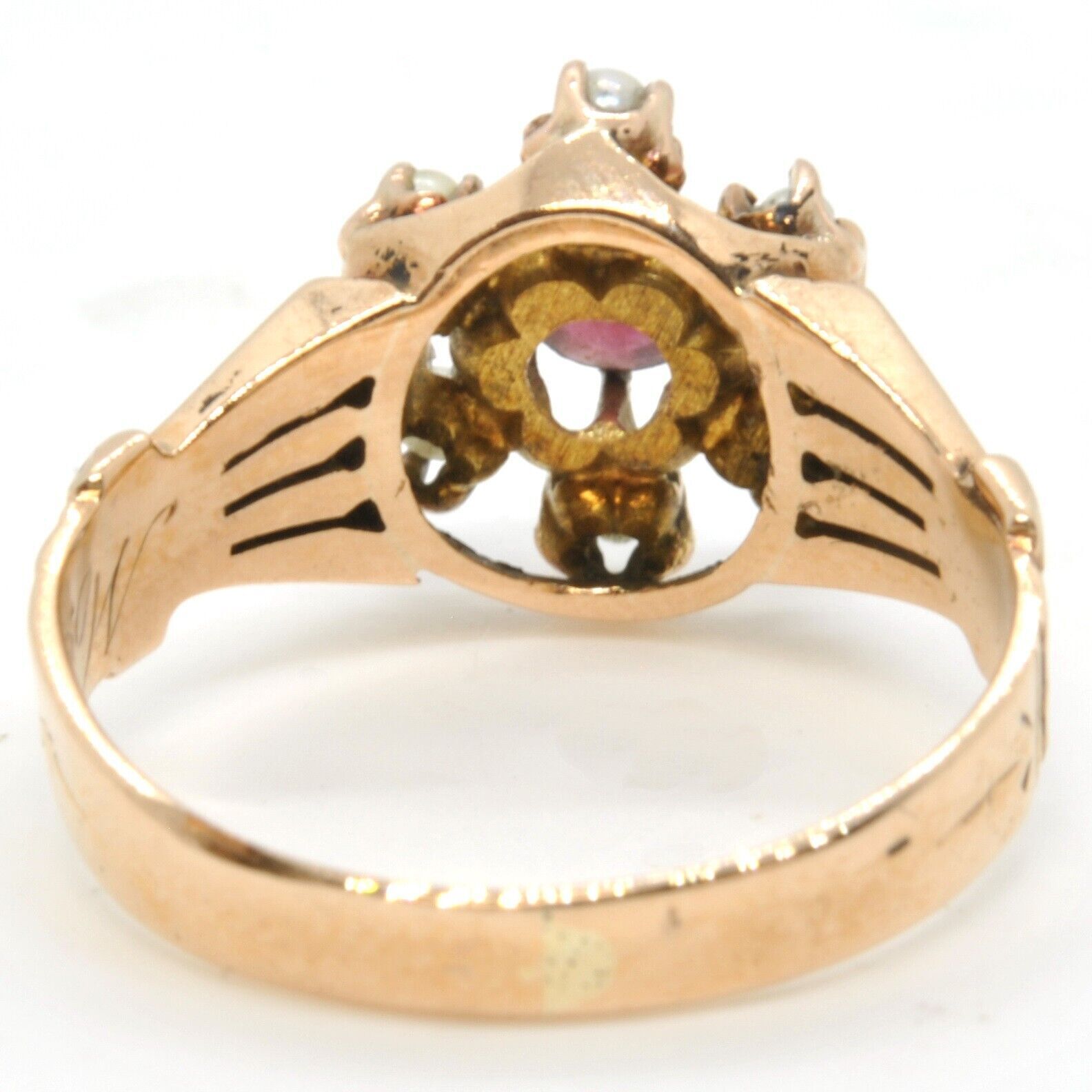 Antique Victorian Ladies 9k Pink Gold Red Spinel Seed Pearl Gemstone Estate Ring