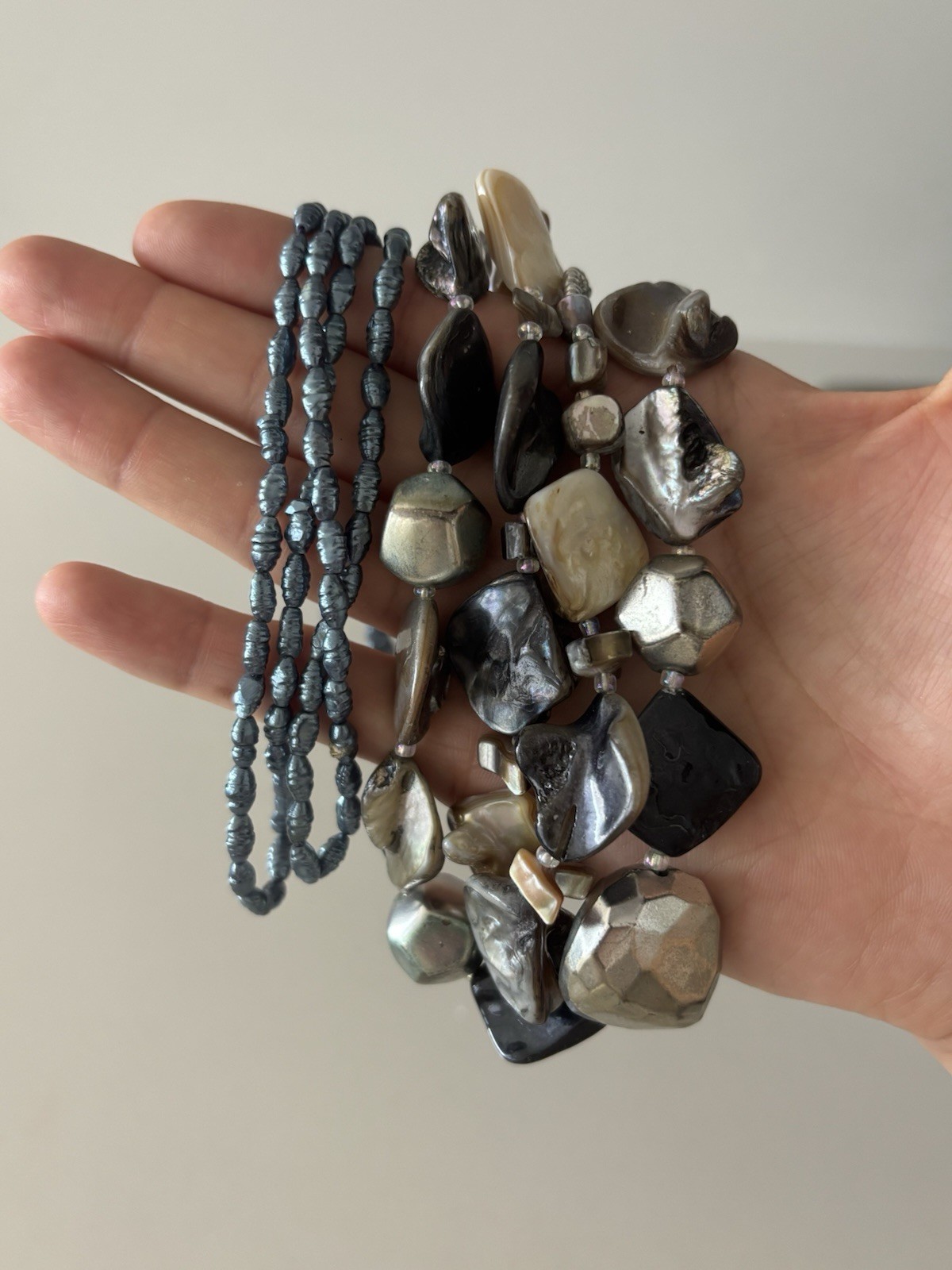 Vintage Artisan Layered Necklace Set Mother of Pearl Shell Gunmetal Beads