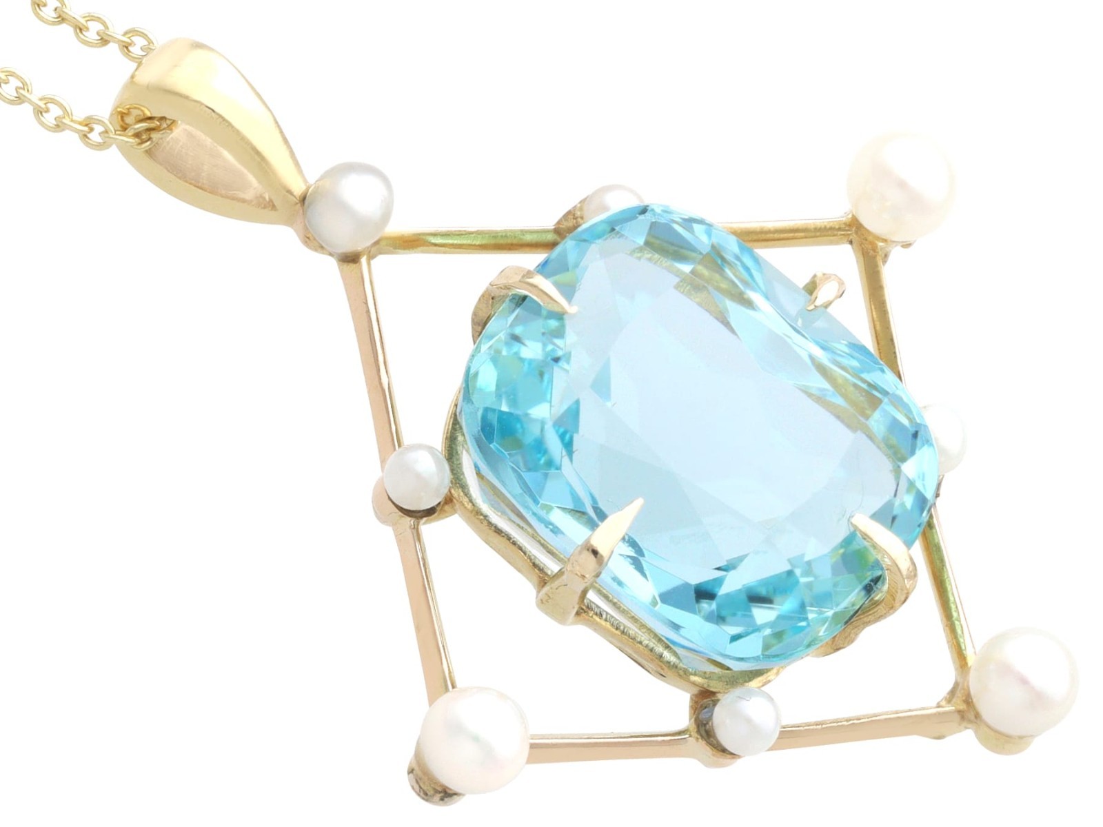 Antique 8.50Ct Aquamarine and Pearl 12k Yellow Gold Pendant Circa 1930