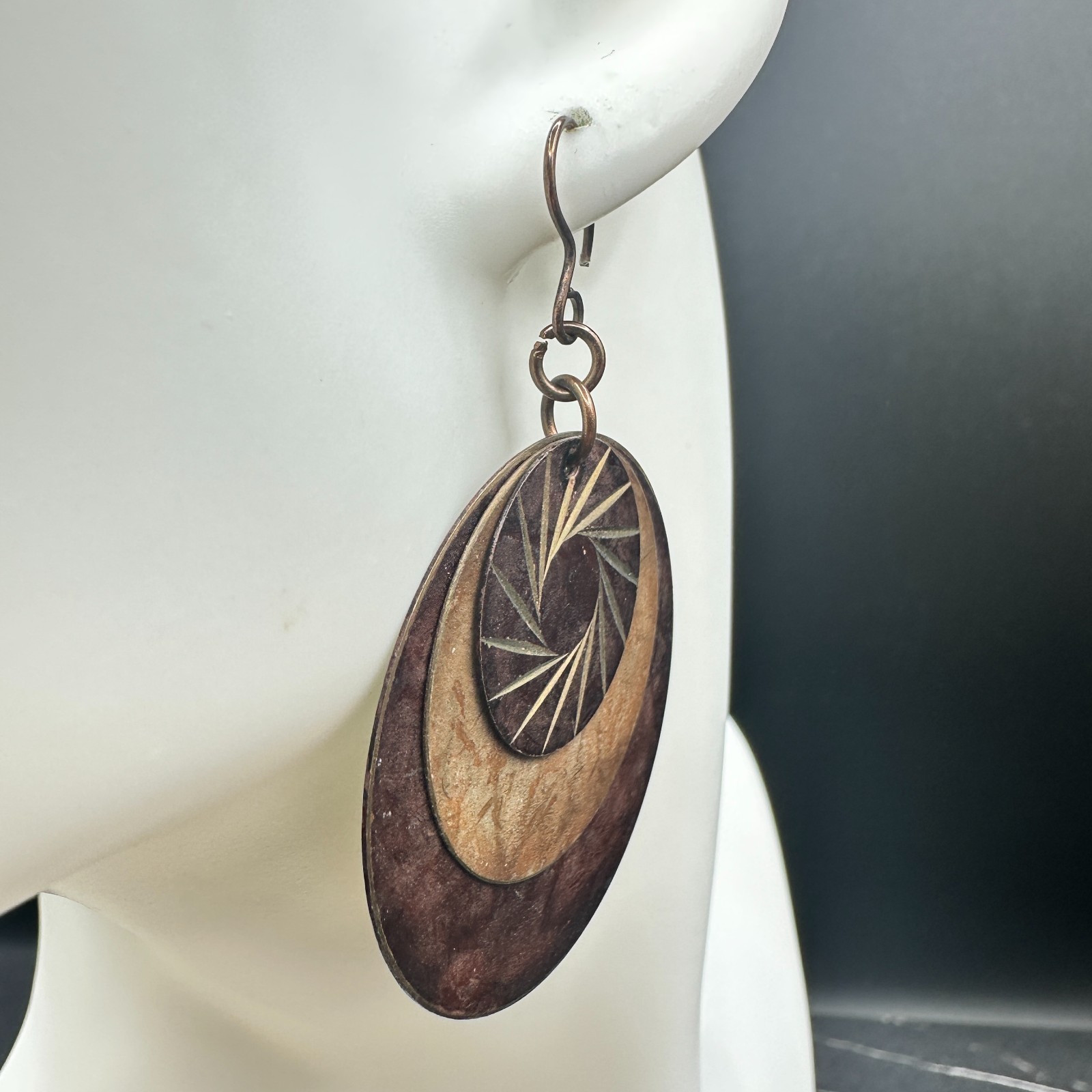 Vintage Brown Copper Layered Eyes shape Disks Dangle Earrings with 3 Disks 2 in
