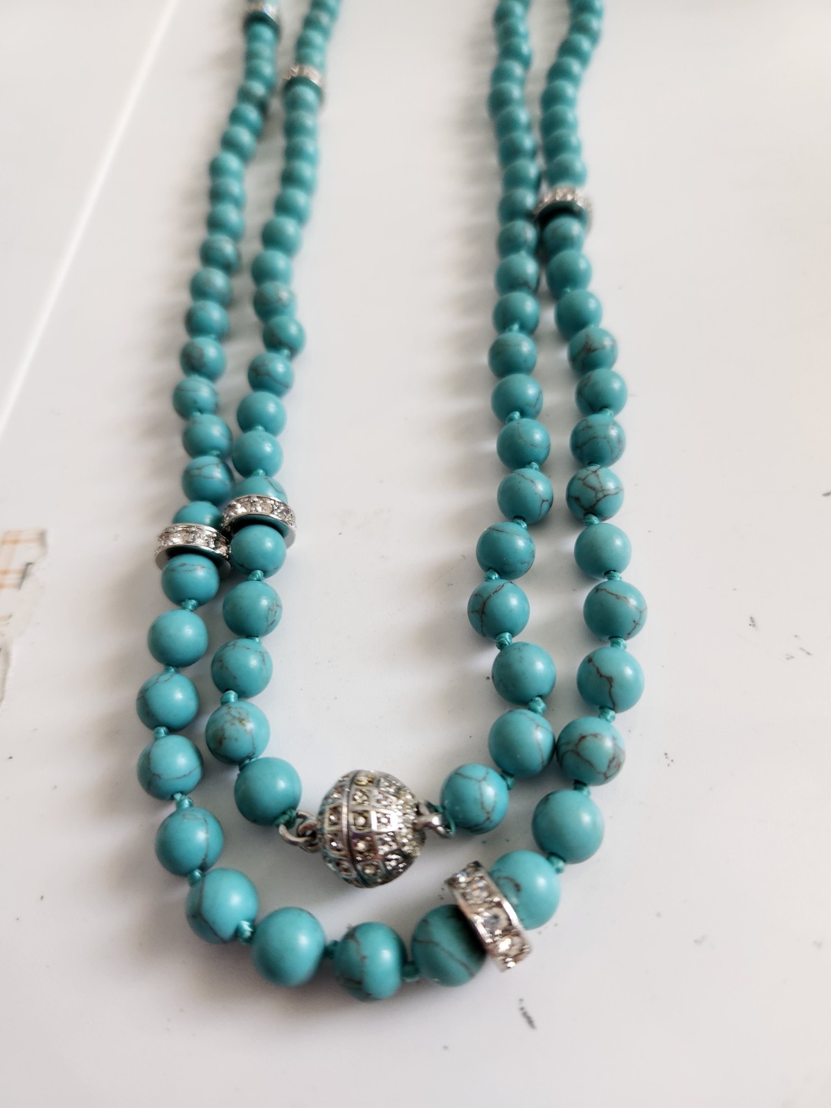 Vintage Genuine Turquoise Pave Rhines Hand Knot Necklace 50″ Mag Adjust 16 + 34
