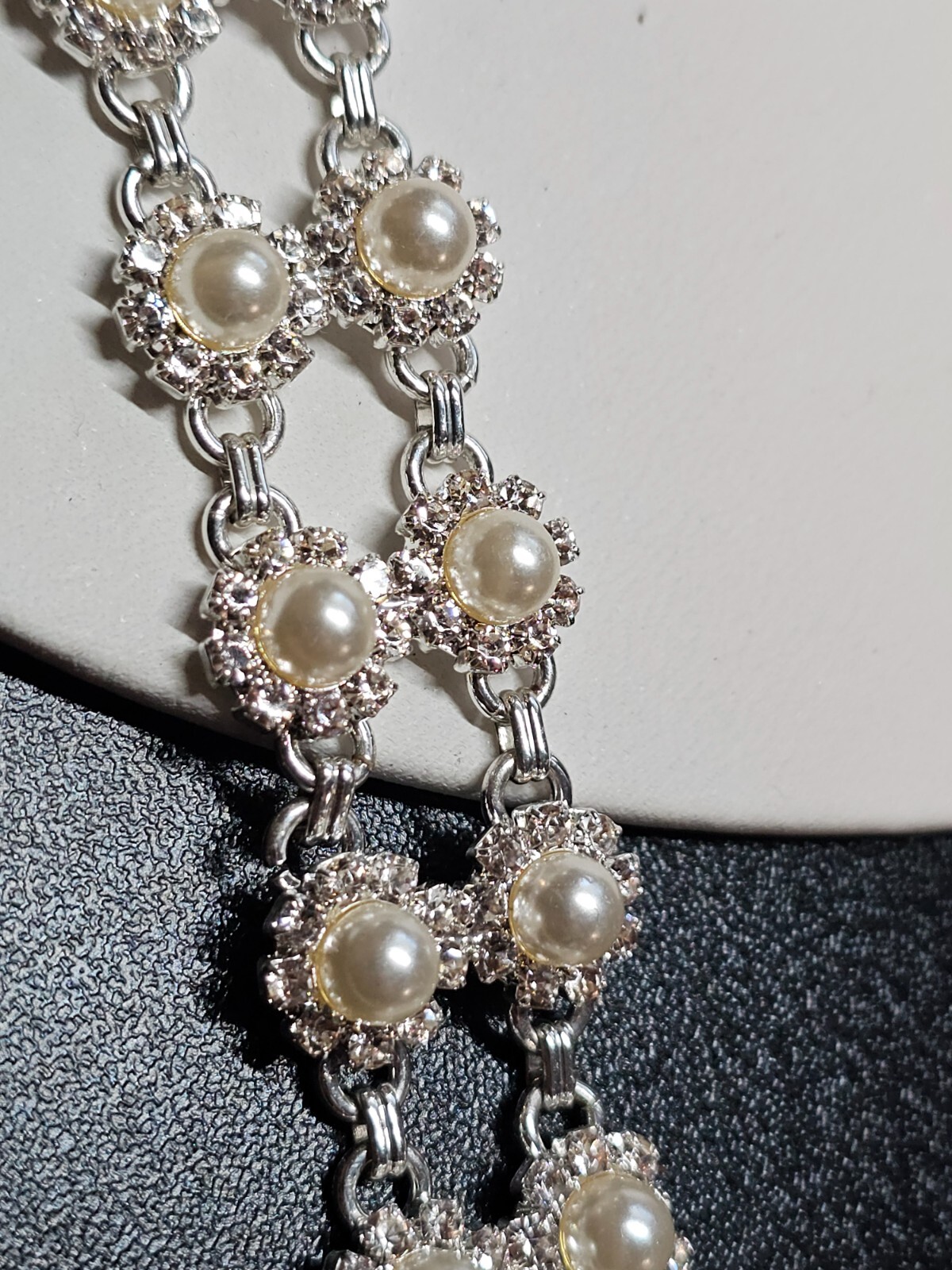 Vtg Faux Pearl Clear Glass Rhinestone Bracelet Great for Wedding!