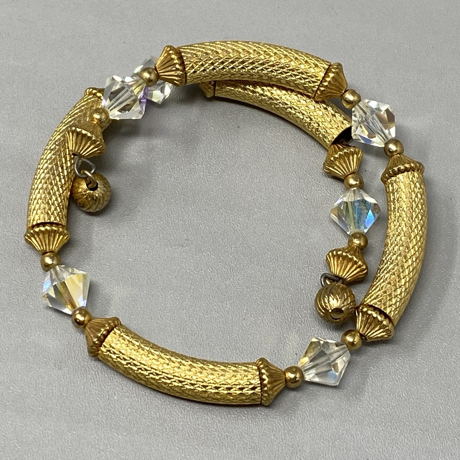 Gold Tone Tube Wrap Bracelet Crystal Bicone Aurora Borealis Bead Accents VTG