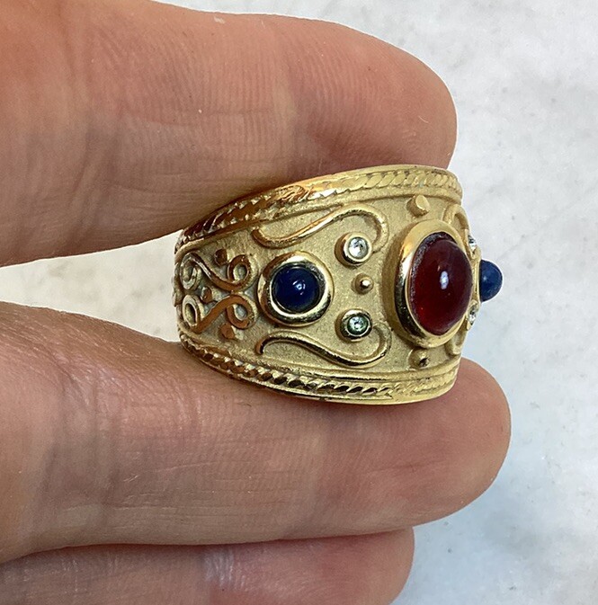 Vintage Gold Plated Byzantine Greek Faux Ruby Sapphire Peridot Ring Size 7