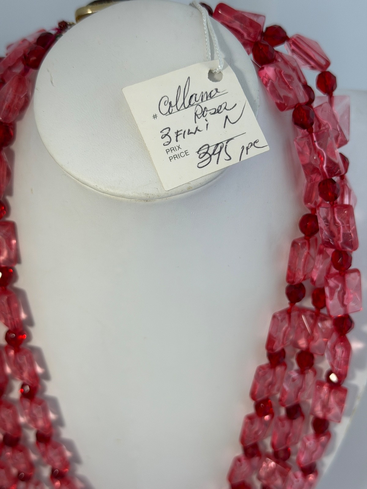 Vintage Pink & Ruby Red Lucite Acrylic Necklace 16” triple Strand statement