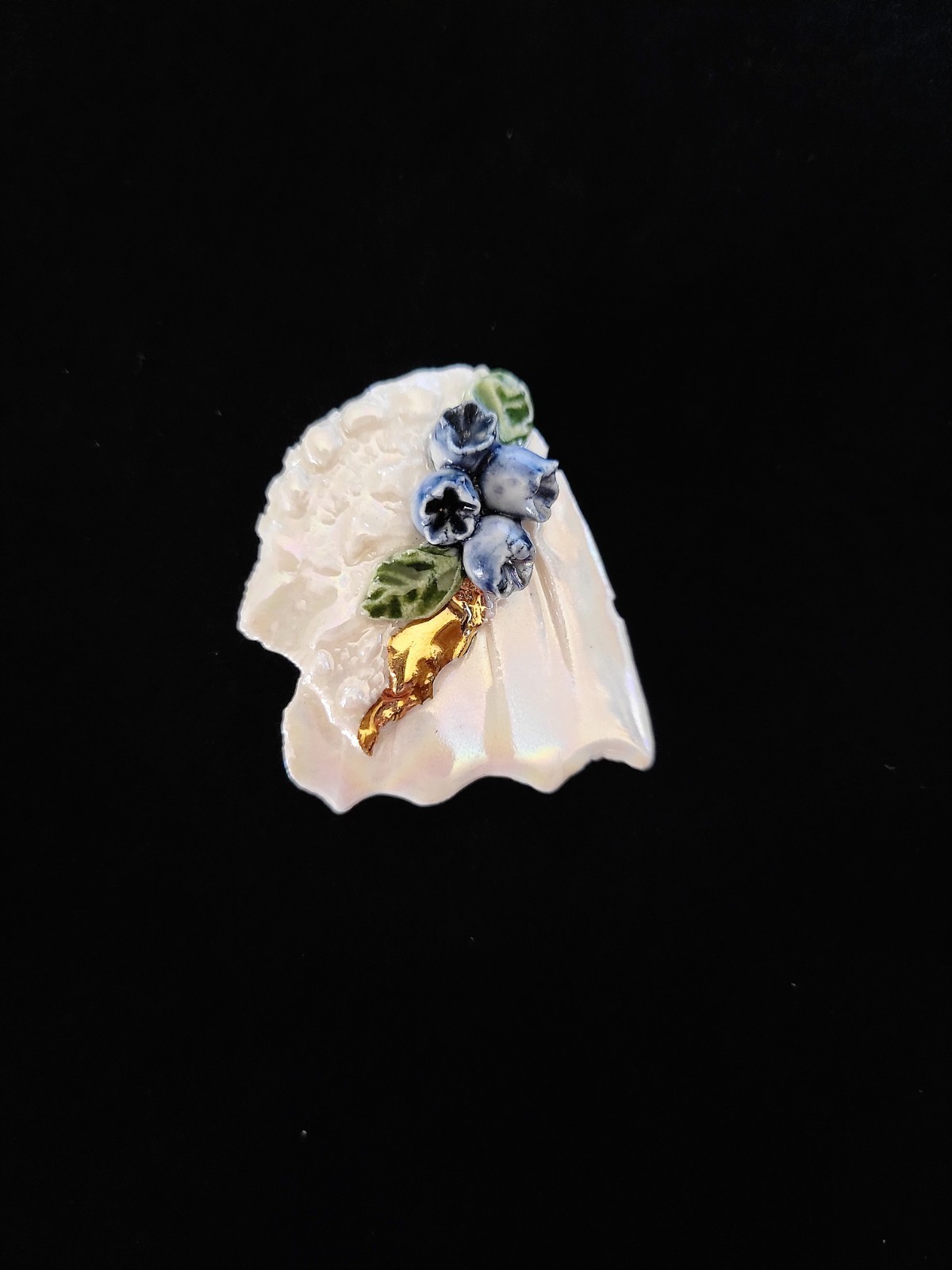 Artisan Handcrafted Seashell Brooch Pin Iridescent 3D Blueberries Gold Accent
