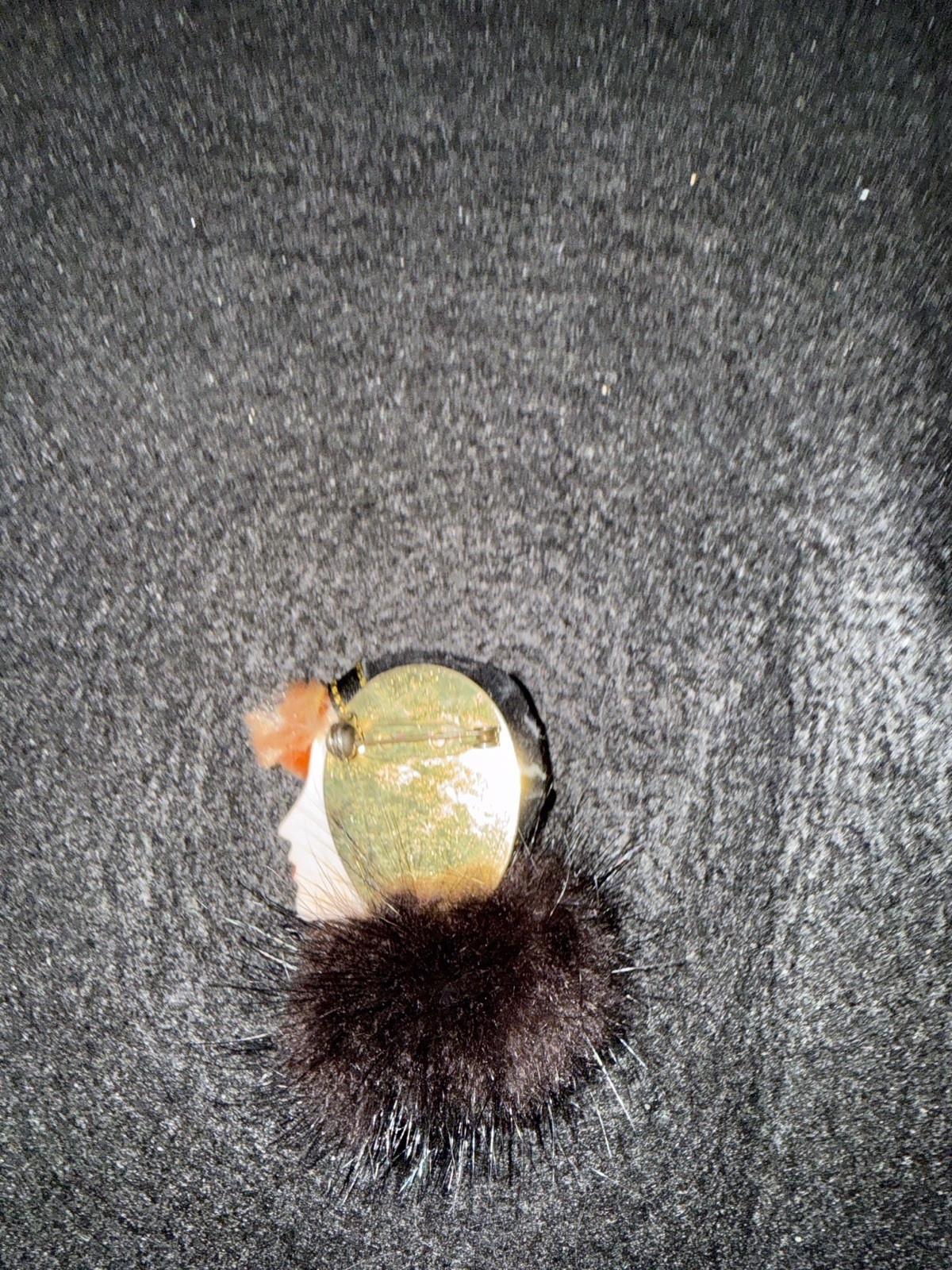 Vintage Art Deco Lady Face Brooch – Faux Fur Collar, Ribbon Hat, Rhinestone– 3”