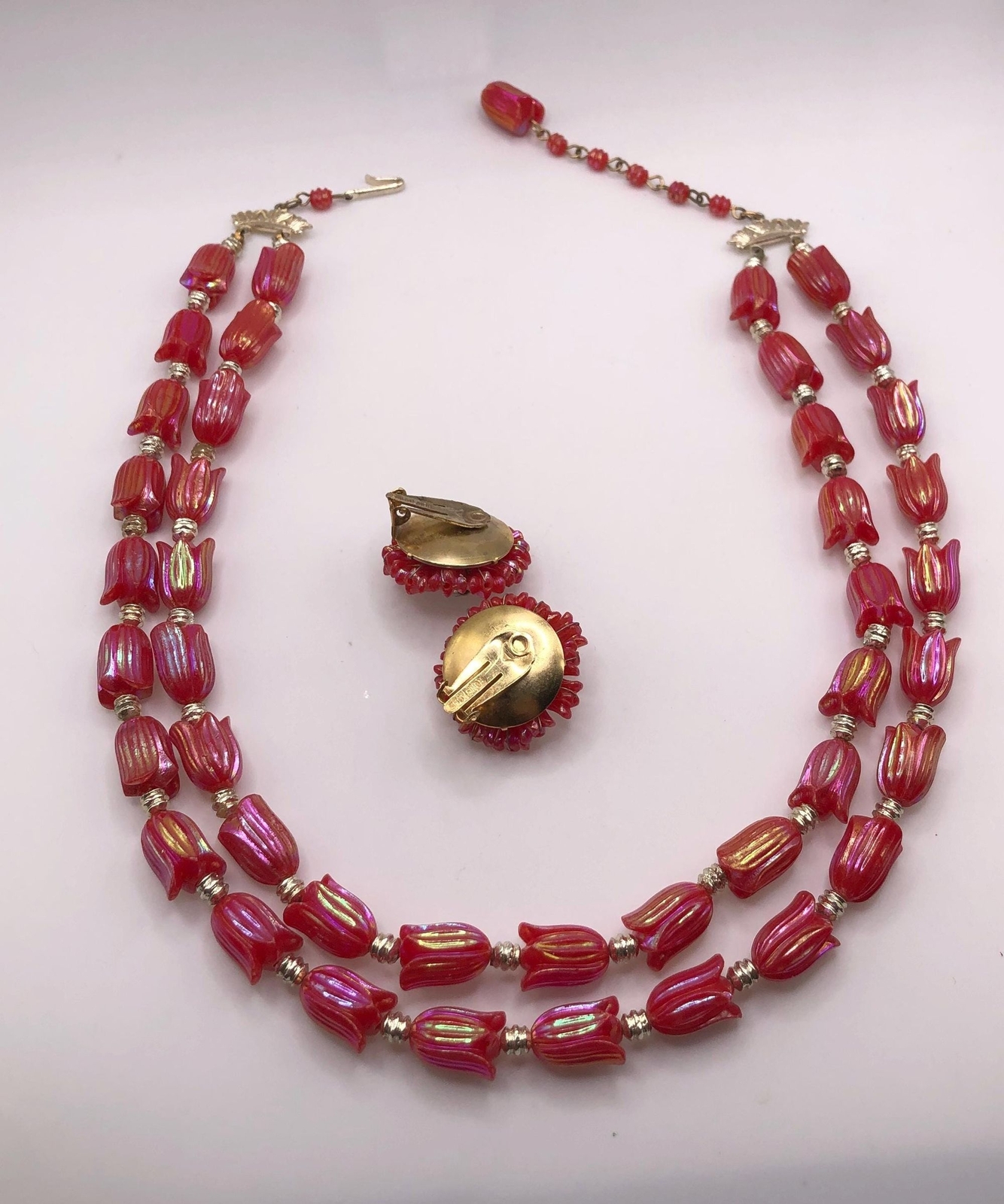 Vintage red iridescent tulip bead two strand necklace and earrings