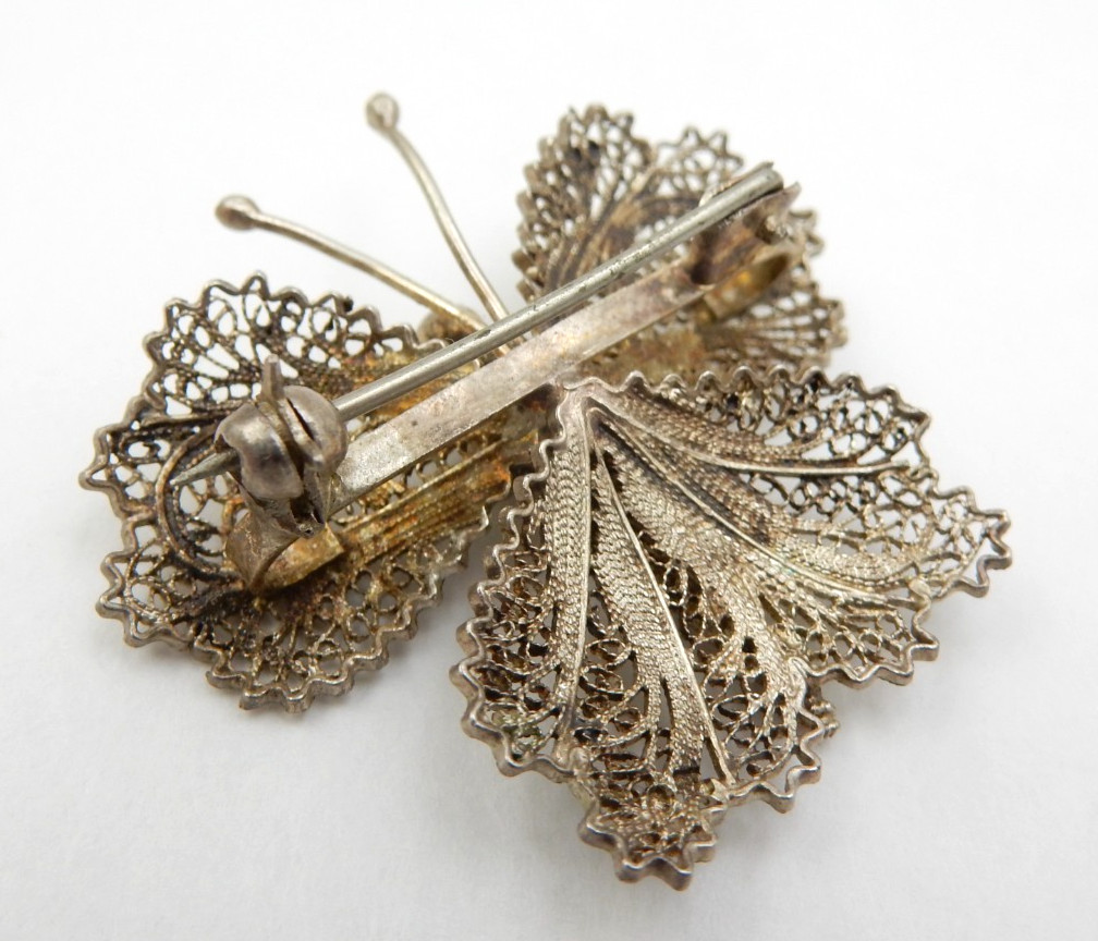 VINTAGE SOLID SILVER FINE CANNETILLE FILIGREE BUTTERFLY BROOCH PIN, 5.3 GRAMS