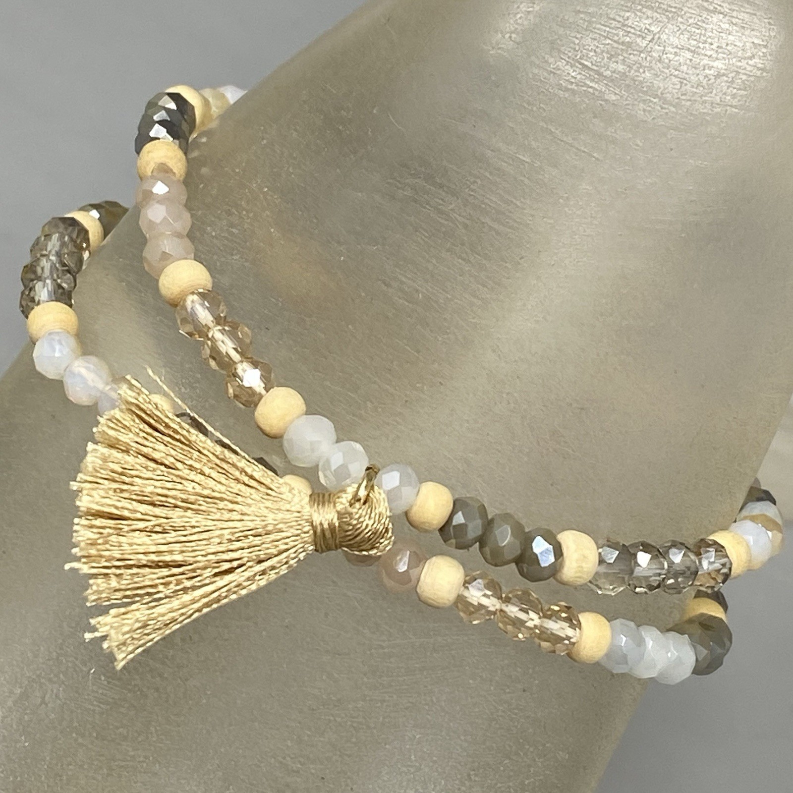 Glass Beaded Bracelet Set of 2 Cream Gray Fire Polished Faceted Tassel Stretch