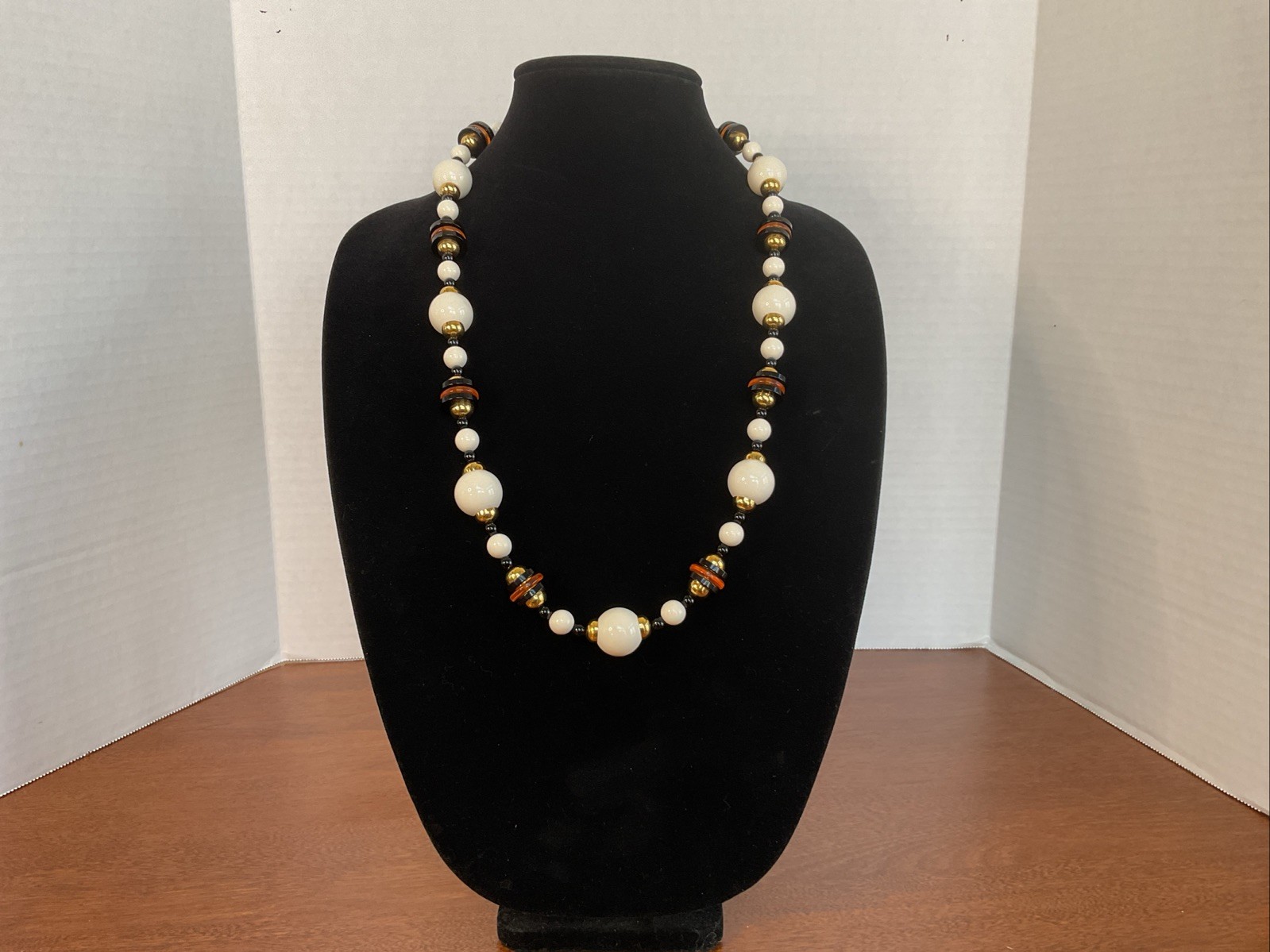 Vintage Trifari Gold Tone Cream Black Orange Plastic Beaded Statement Necklace G