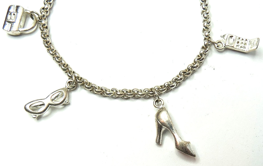 VTG 925 STERLING SILVER PURCE GLASSES PHONE RING SHOE CHAIN CHARM BRACELET 13gr