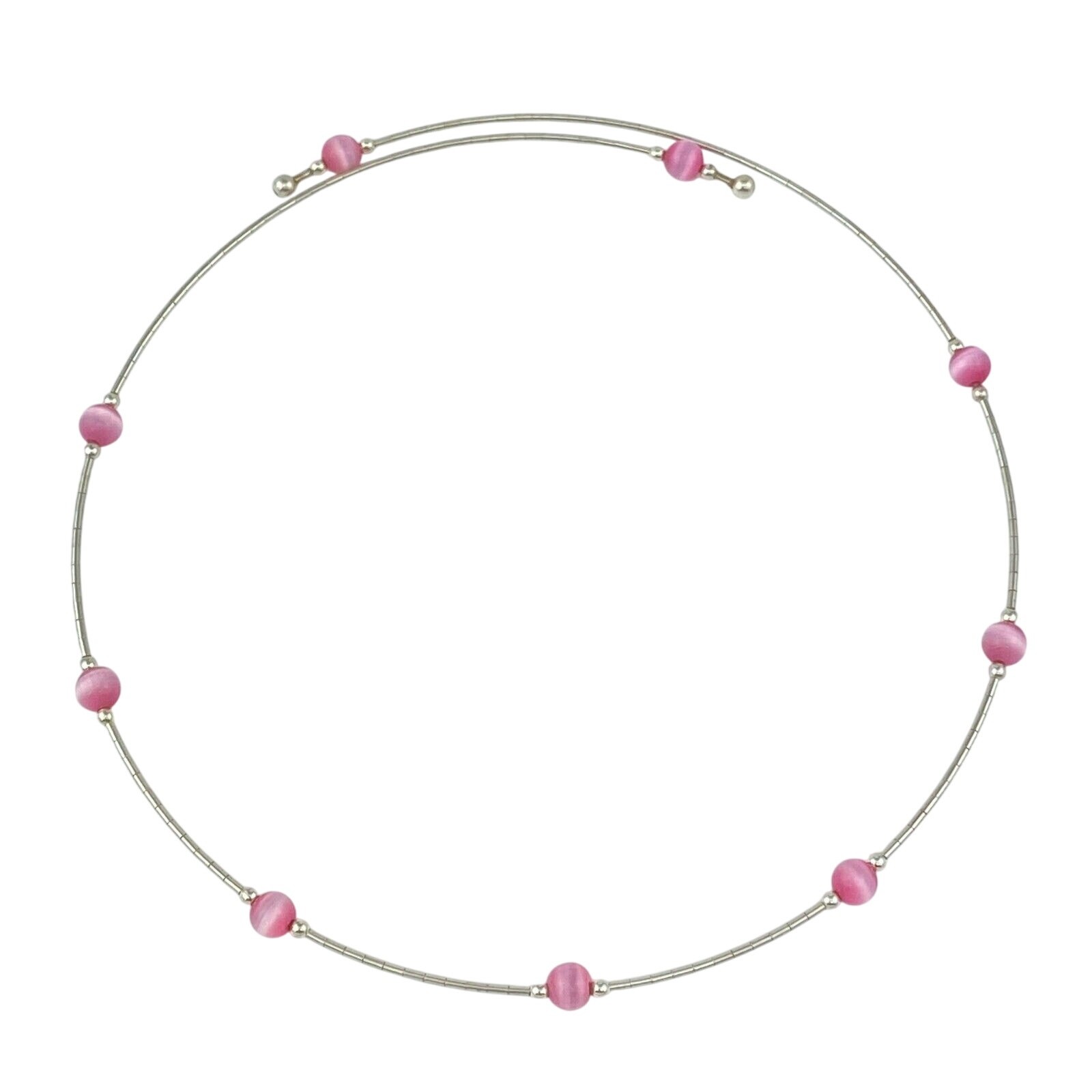 Pink Cat’s Eye Tension Wire Necklace | Vintage Sterling Silver | 16″