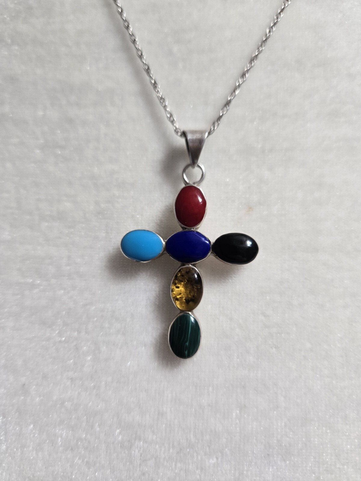 Signed stamped 925 Mexico sterling silver multicolor cabochons stones necklace