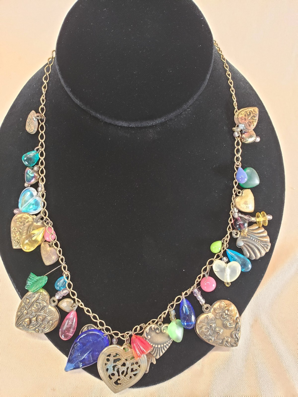 Vintage Ornate Hearts and Glass Charms Necklace Glass Works Studio Style AS IS