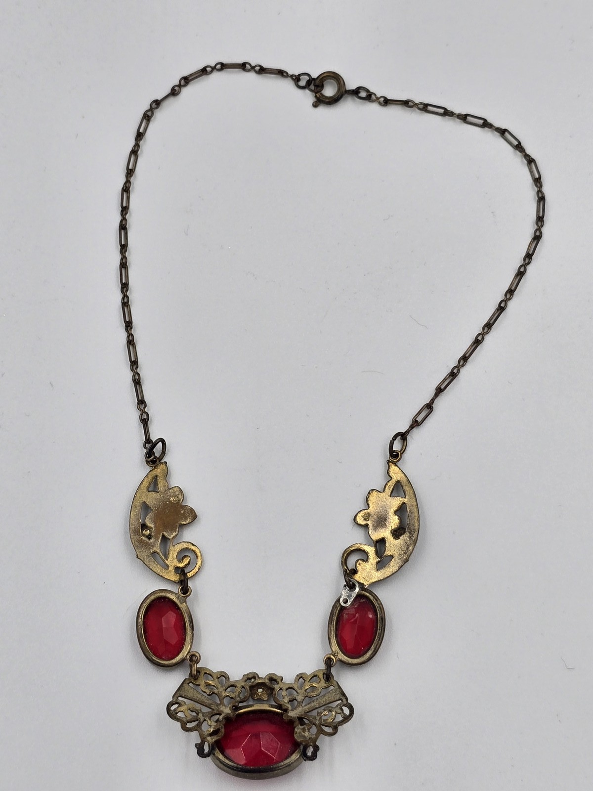 Antique Brass Filigree Necklace Red Glass Stones Art Deco Nouveau Style