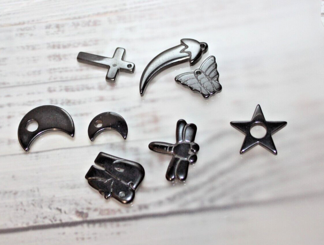 Lot of 8 Hematite pendant charms butterfly star moon dragonfly and more