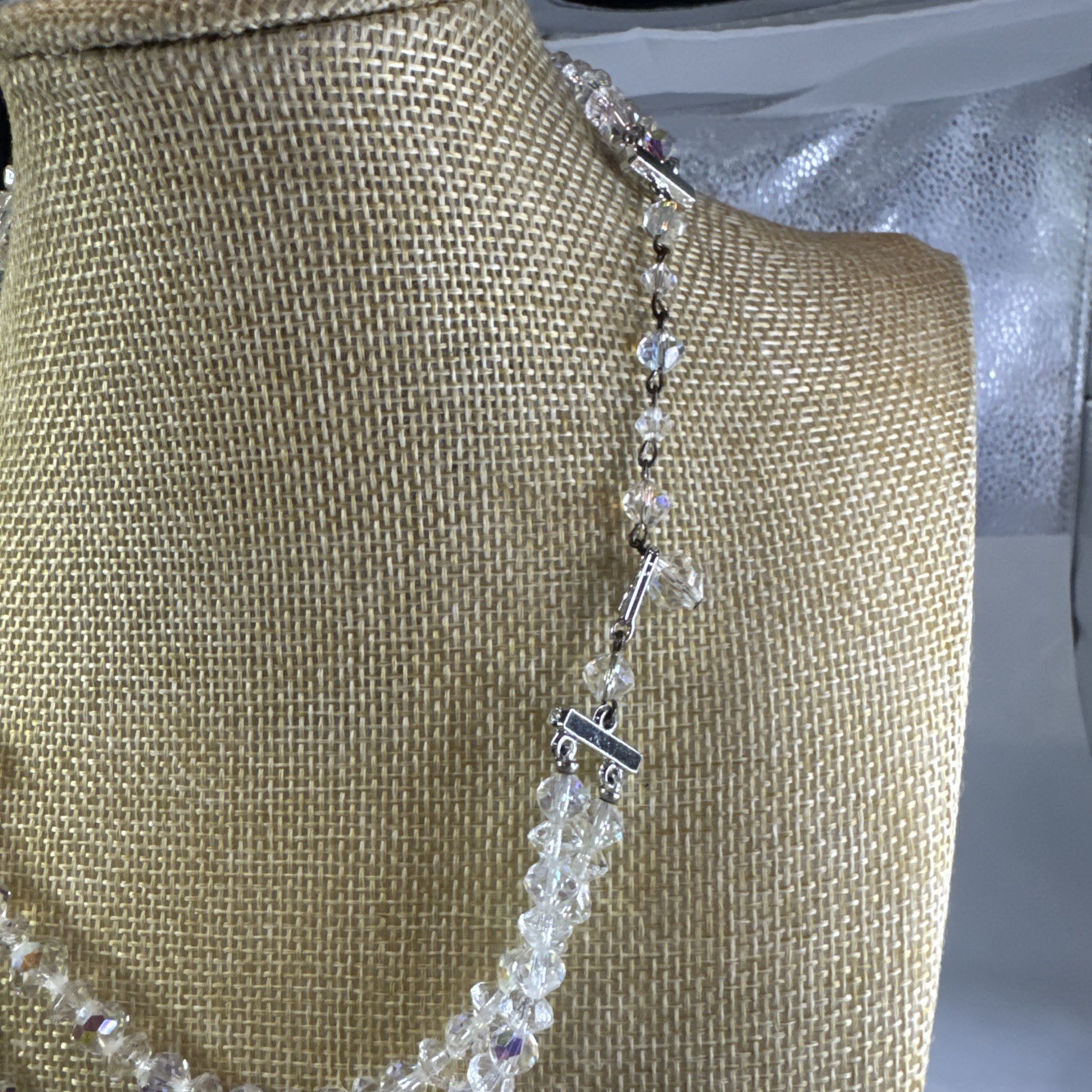 Vintage Aurora borealis clear glass￼Crystal Double Strand Necklace 16-18”