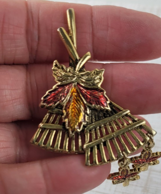 Vintage Fall Brooch Rake Multicolor Enamel Dangle Leaves Fall Colors