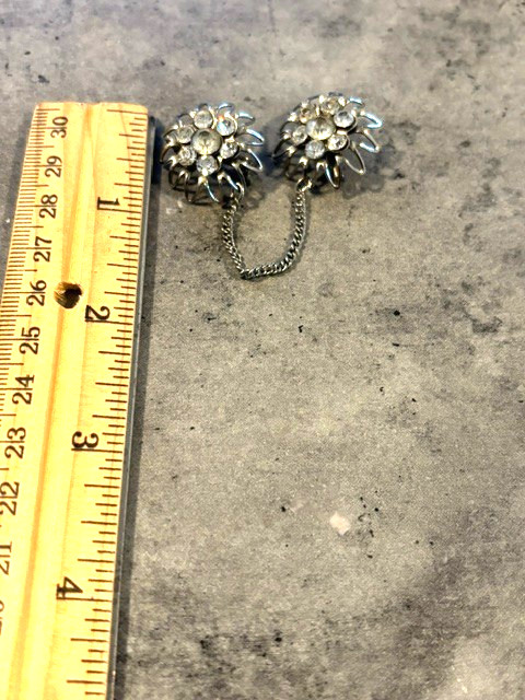 Vintage Silver Tone Flower Double Brooch On Chain with Rhinestones