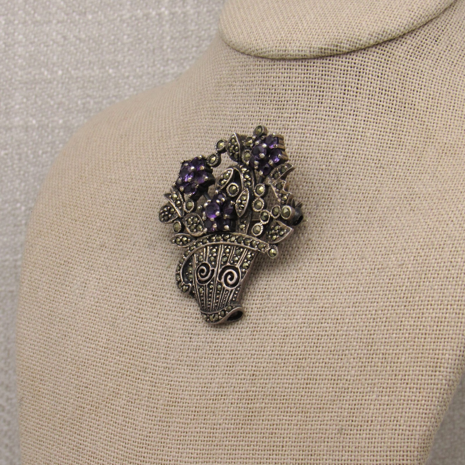 Amethyst, Marcasite and Sterling Slver Flowers and Pot Pin/Pendant +