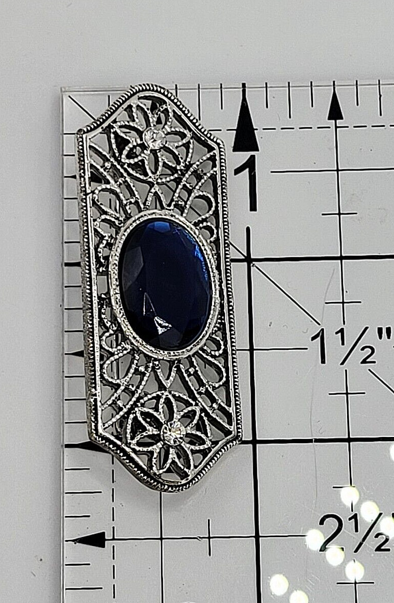 Filigree Center Bar Pin Brooch Silver Tone Blue Crystal Acrylic Floral Design
