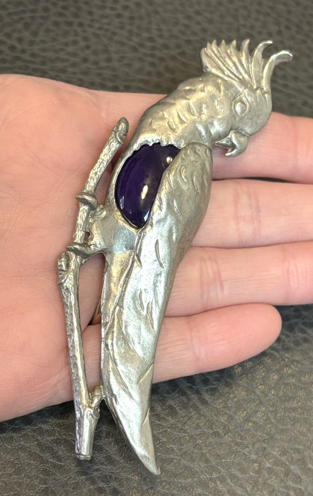 4” Vintage Luja Deco Pot Metal Blue Glass Cabochon Bird Parrot Cockatoo Brooch