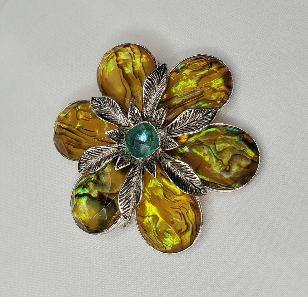 Vintage Monet Flower Brooch Yellow Acrylic Turquoise Faceted Stone Silver Tone
