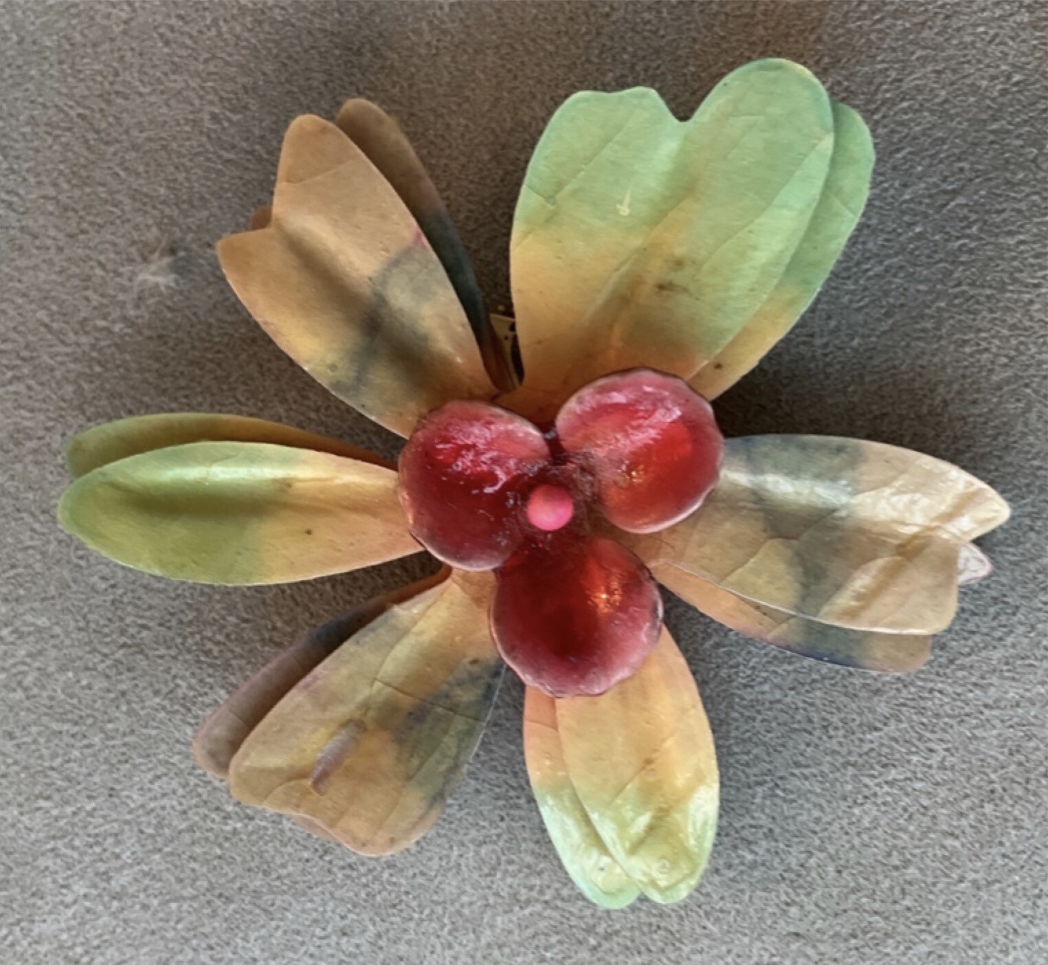 Vintage Large Enamel Flower Pin – lightweight not metal – papier mache? resin?