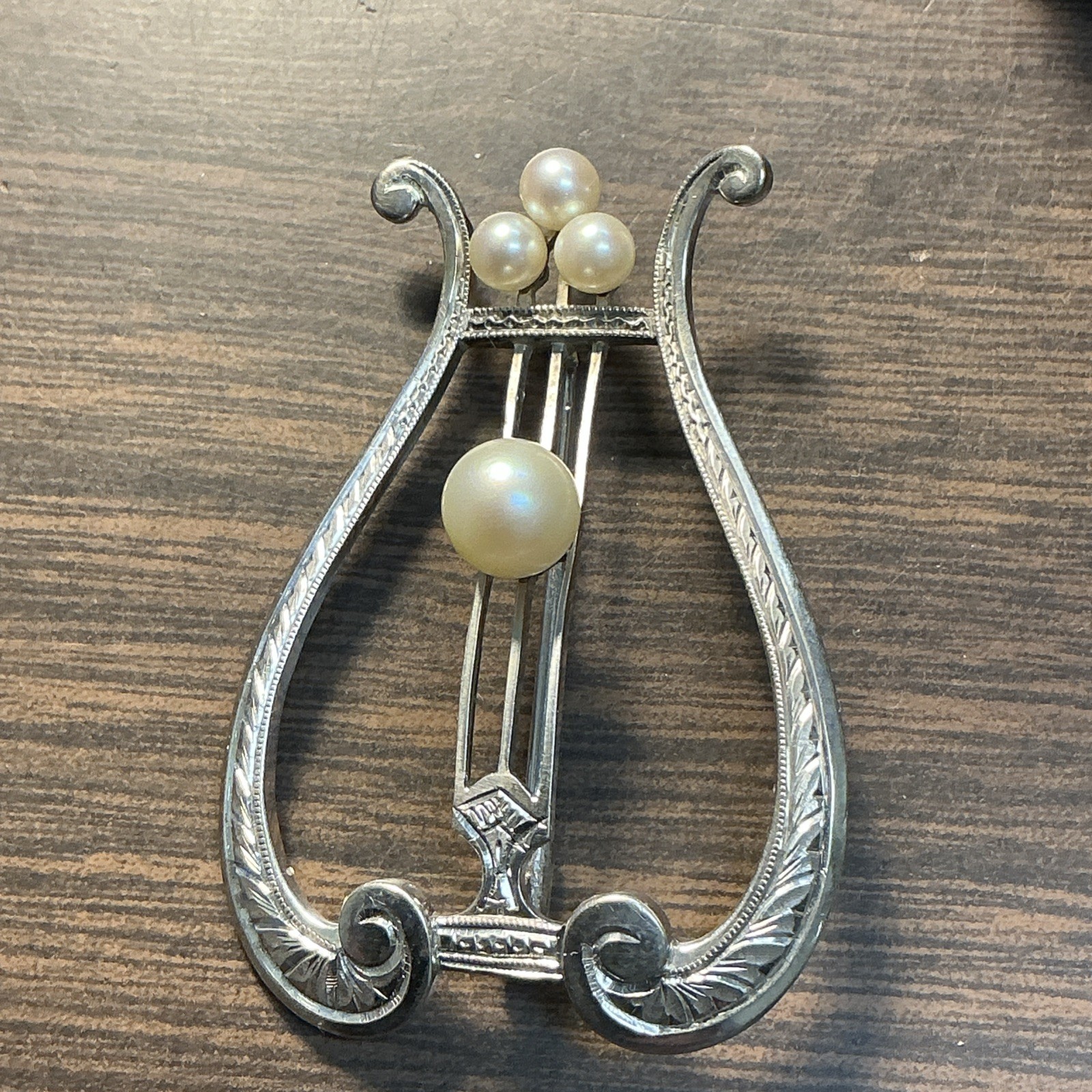 Vintage Mikimoto Sterling Silver Pearl Art Deco Harp Lyre Brooch