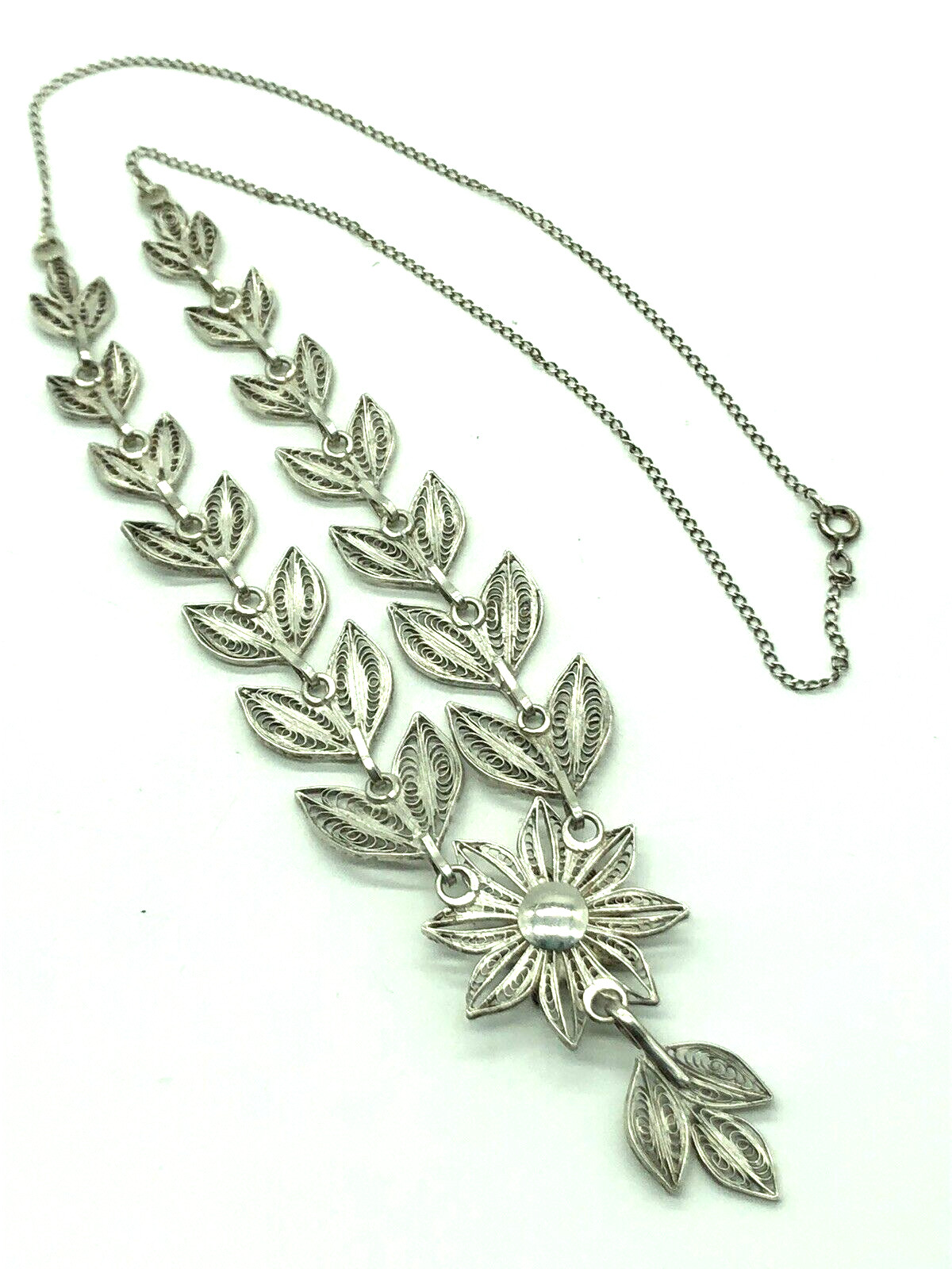 Filigree Necklace Cascading Leaves & Flower Sterling Silver 20+” Antique 1900s