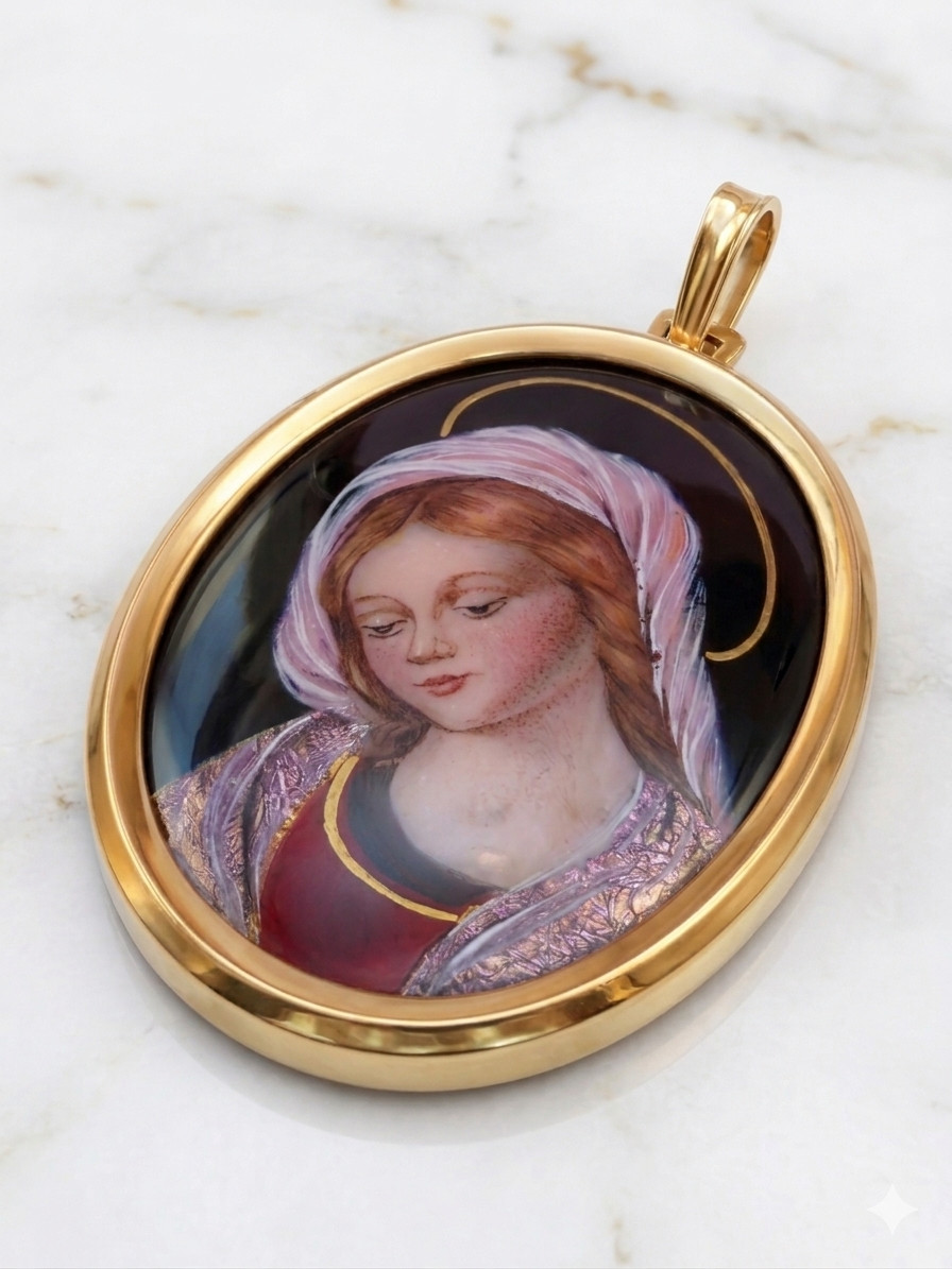 Fine Antique Art Nouvea 18K 18CT Gold Enamel Virgen Mary Medal Pendant Ca 1900