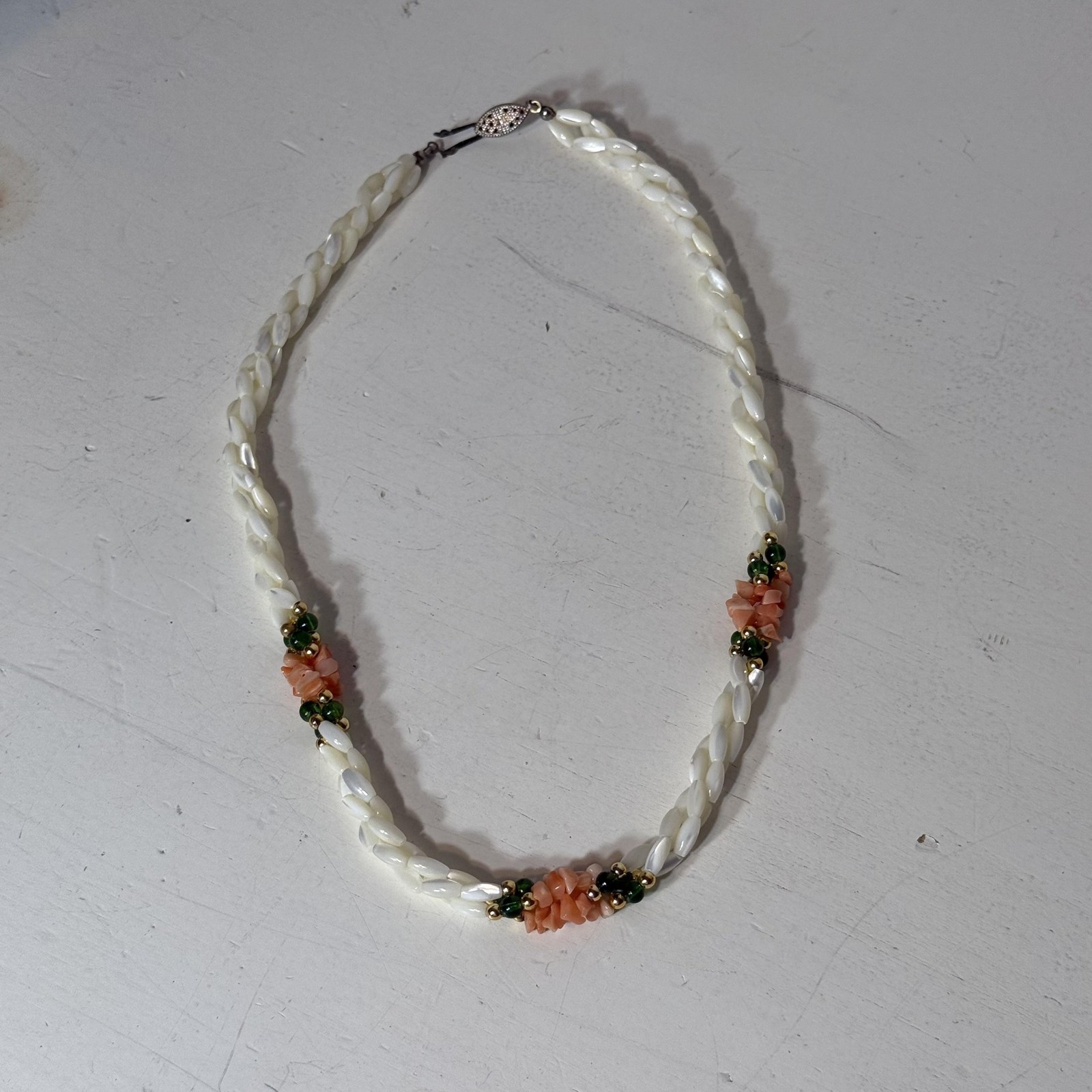 Vintage Mother of Pearl Beaded Necklace Coral Green Accents Fish Hook Clasp