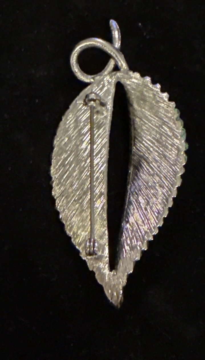 Vintage Silver Tone Leaf Brooch Pin Brushed Textured Swirl Stem 3” Nature