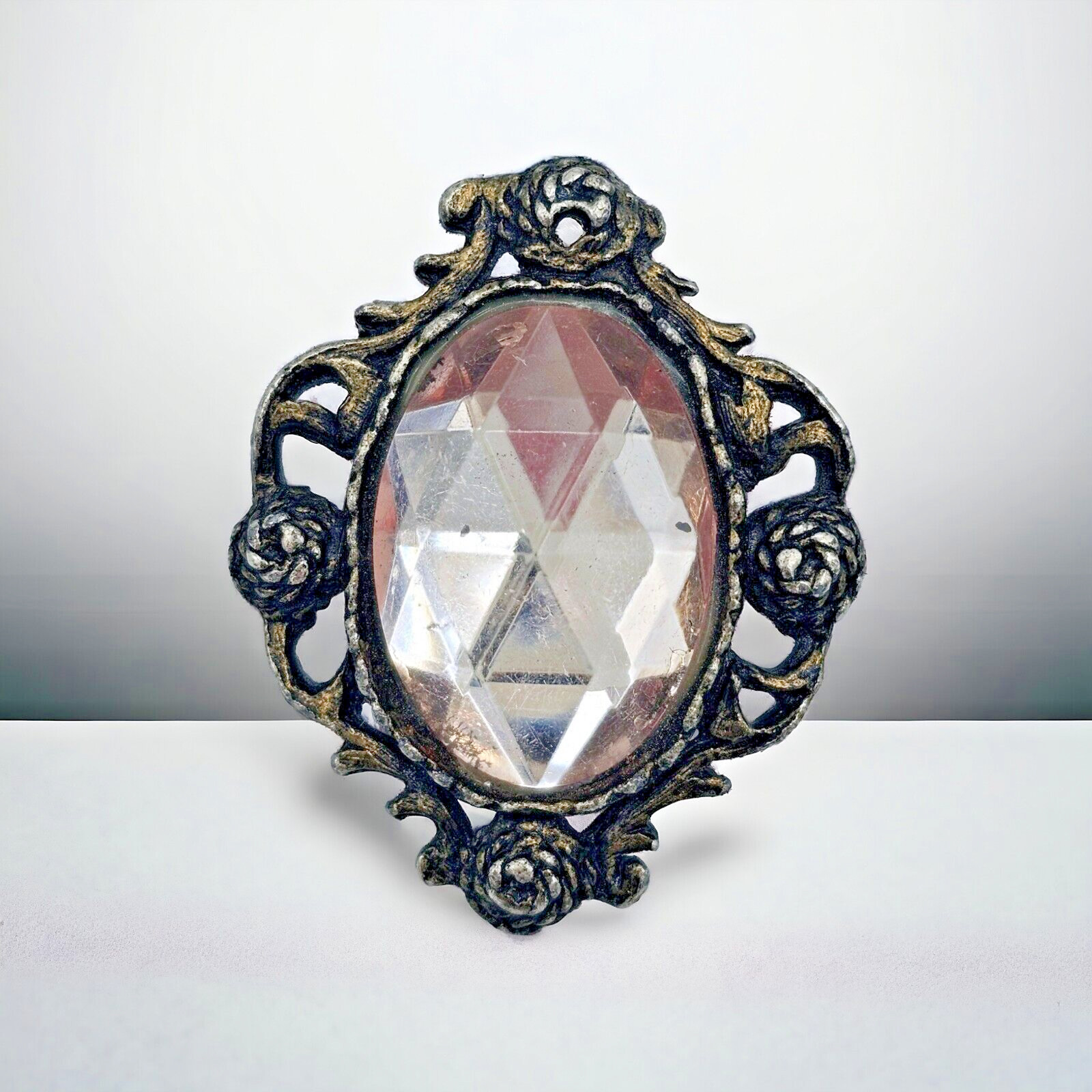 Victorian Faceted Gem Brooch Pendant Vintage Pale Pink Rope Flowers Estate Pin