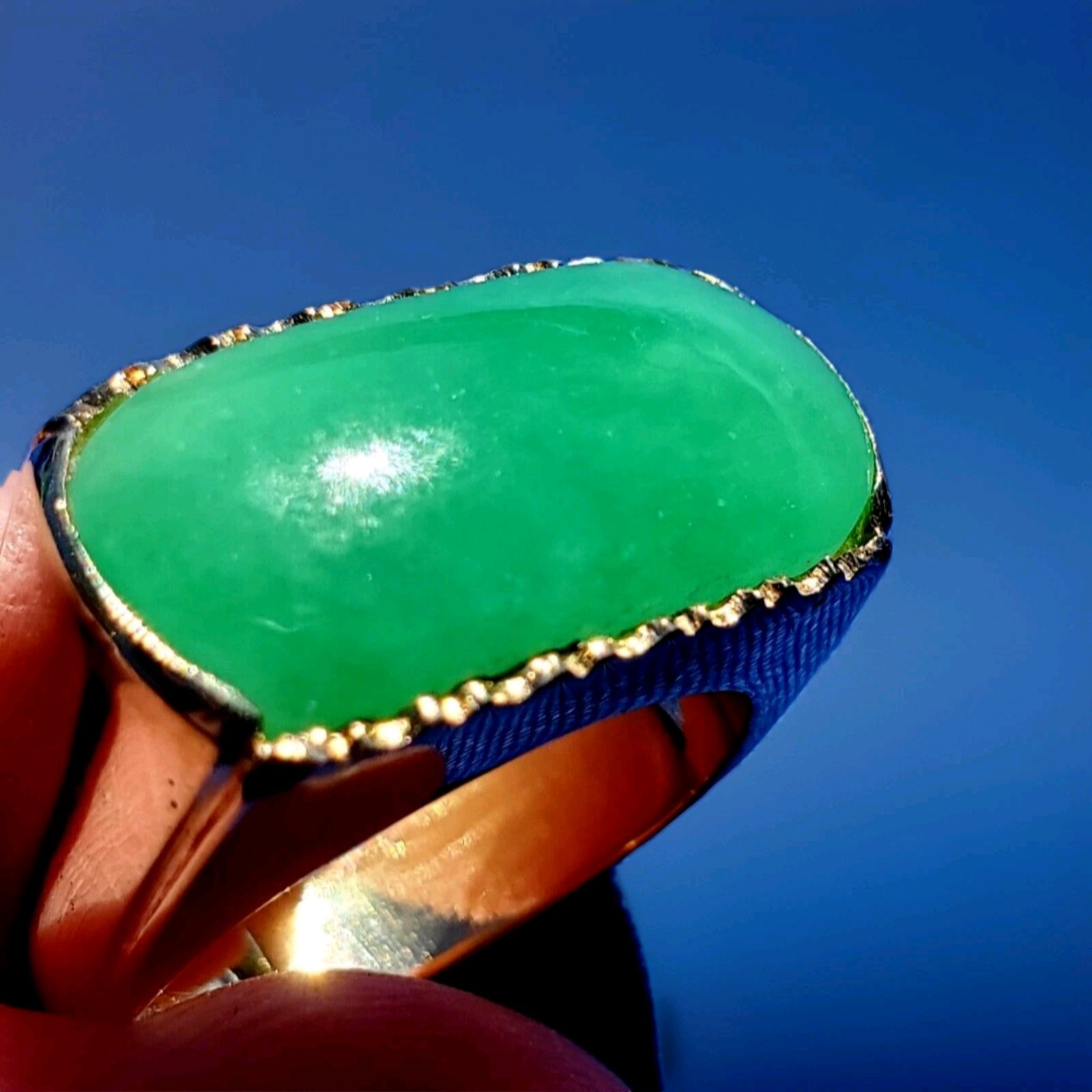 EARTH MINED Green Jadeite JADE Deco Ring Antique Solid 18K GOLD Size 8.75